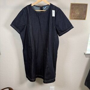 Old Navy Womens XL Petite Dark Wash Denim Shift Dress Short Sleeve Back Zip
